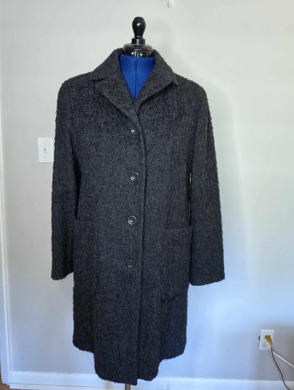 Vtg United Colors of Benetton Wool Coat  Made Italy Charcoal Long Overcoat M